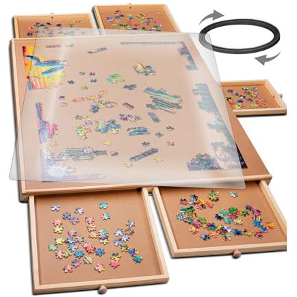 Rotating Wooden Jigsaw Puzzle Table For 1500 Piece, Puzzle Board With 6 Drawers And Lazy Susan, 27×35 Turntable Puzzle Tables For Adults And Kids