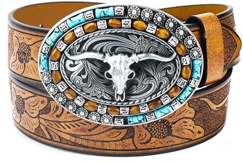 Western-Cowboy-Gürtel für Damen, PU-Leder, Longhorn, Stier, Türkis, geprägte Schnalle, Gürtel für Jeans, Hosen, Kleider, Braun, Suit for 31-35 Waist