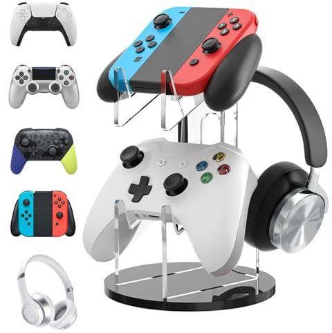 SPORWAY Soporte Cascos Gaming: Soporte Mando, Soporte Auriculares Switch Hecho de acrílico, Soporte Cascos PS5/PS3/PS4/PS2/Switch Pro/Xbox, Soporte para 3 Controladores y 1 Auricular