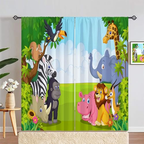 YUANZU Zoo-Vorhänge, Stangentasche, für Kinder, Tier, Dschungel, Safari, Wildtiere, Elefant, Giraffe, Löwe, Muster, Sichtschutz, Stoff, Fenstervorhänge für Jungen, Schlafzimmer, Kinderzimmer, Baby,