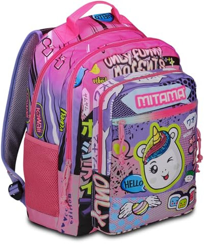 Mitama Zaino Triplo Scomparto Only Funny Moments con Tasca frontale, Viola e Nero, Scuola Elementare e Tempo Libero, Bambina Ragazza