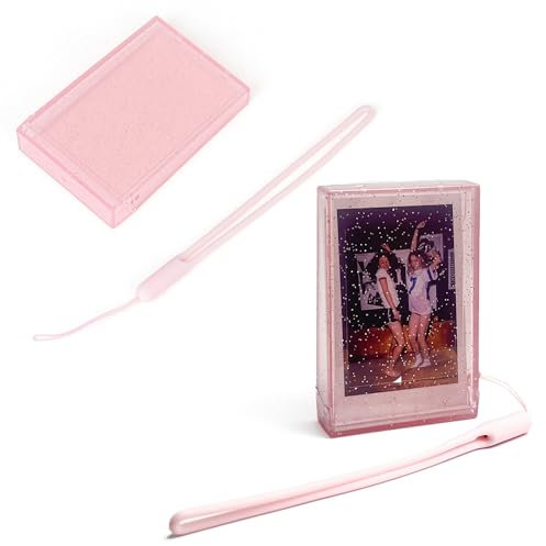Linpr 2er-Set Reise-Fotohalter Bildhalter Aufbewahrungstasche für Fujifilm Instax Mini 7+/8/9/11/12/40/90/EVO, 3-Zoll-Fotoaufbewahrungstasche, Transparente Kamera-Fotoschutzbox (Rosa Glitzer)