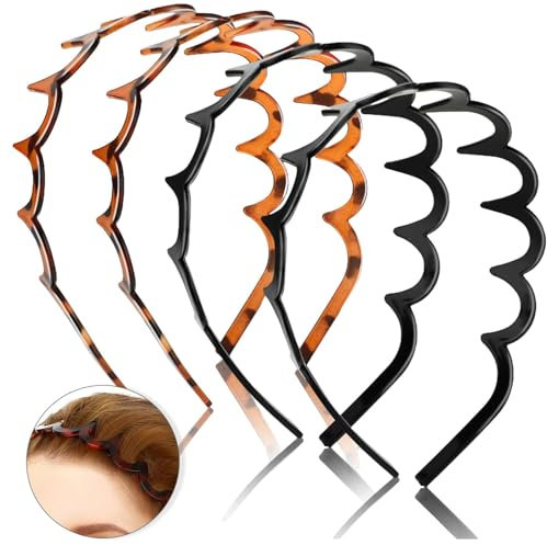 4PCS Zig Zag Headbands, Black and Leopard-print Wavy Headband, 90s Zig Zag Hair Band with Elastic Non Slip Wavy Teeth