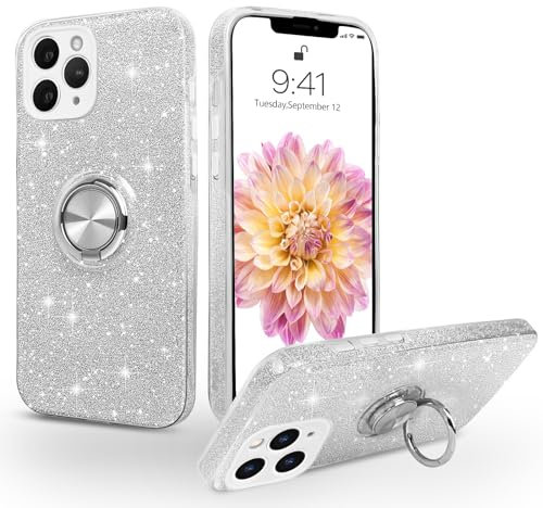 SouliGo for iPhone 11 Pro Max Case Glitter Bling Sparkle Trendy Girls Women Cover with 360° Ring Holder Kickstand Magnetic Car Mount Protective Shockproof Phone Case, Silver