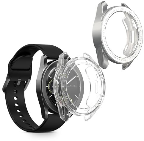 kwmobile Carcasa Compatible con Xiaomi Watch S3 Funda - 2X Protector Pantalla Completo - Ultrafino y antigolpes - Transparente/Plata