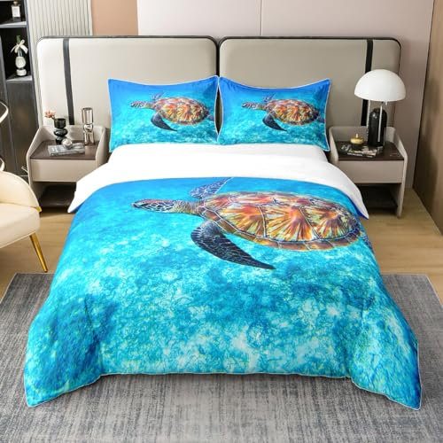 Loussiesd Meeresschildkr?te Bettbezug Set 3D Reptil Bedruckt Bettwäsche Set 135x200cm 100% Baumwolle Blau Ozean Marine Betten Set für Kinder Jungen M?dchen Unterwasser Tiermuster Dekor