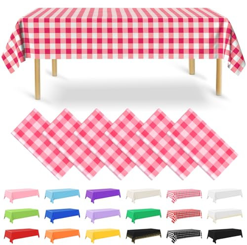 NACHLYNN 6 Stück Einweg Tischdecke 137 x 274 cm Rosa und Weiß Kariert Rechteckige Tischabdeckung Wasserdicht Gartentischdecke für Festivals Party Hochzeiten Brautpartys Geburtstag Dekorationen