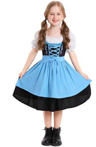 FYMNSI Robe Dirndl allemande pour fille - Costume bavarois pour la fête de la bière - Avec tablier - Pour Halloween, carnaval, bleu, 8-10 ans