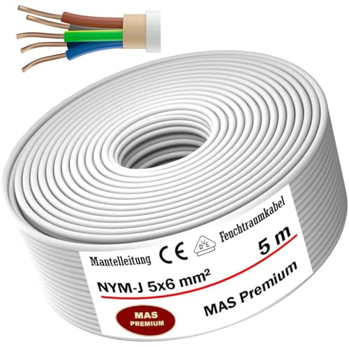 MAS Premium Feuchtraumkabel Stromkabel 5-170m Mantelleitung NYM-J 5x1,5, 2,5, 4, 6, 10 oder 16 Elektrokabel Ring für feste Verlegung (NYM-J 5x6 mm², 5m)