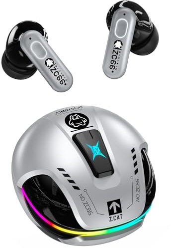 ZOMBIES CAT KopfhöRer Kabellos Bluetooth, Noise Cancelling Kopfhoerer, Bluetooth KopfhöRer Mit Tiefen BäSsen, Kabellose Bluetooth 5.4, RGB-Licht, In Ear KopfhöRer FüR Android iOS, B5 Silber