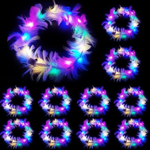 YOUYIKE 10 Stück LED Blumenkranz Haare, Haarreif, Haarkranz, Leucht Haarschmuck, Feder Stirnband für Damen und Kinder - Geburtstag, Weihnachten, Halloween, Fasching, Party Dekor (Farbe)