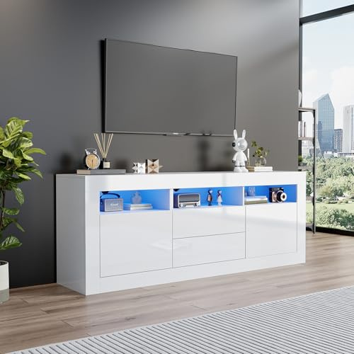 Murul Armario de tv de alto brillo con iluminación LED, 3 compartimentos, soporte para TV 70 pulgadas, 2 puertas y cajones, control Smart App, 160 × 35 × 60 cm