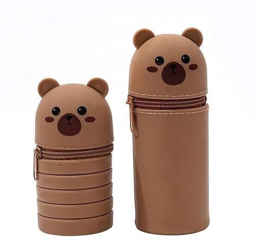 Silikon-Cartoon-Federmäppchen, 2-in-1, wasserdichtes Steh-Federmäppchen mit Reißverschluss, Silikon-Bär-Federmäppchen, Cartoon-Bär-Stiftehalter, geeignet für Studenten braun, Simplicité et Commodité