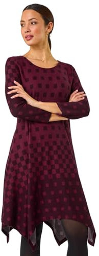 Roman Originals Hanky Hem Swing Dress with Pockets for Women UK Ladies Asymmetric Hemline Stretch Jersey 3/4 Sleeve Winter Smart Casual Work Office Knee Length Tunics - Wine Noir - Size 18