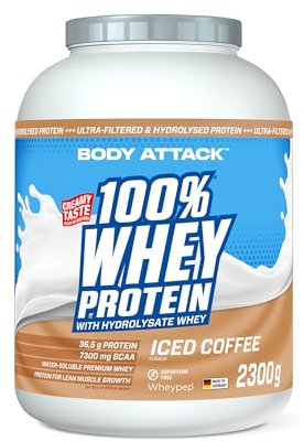 Body Attack 100% Whey Protein - Iced Coffee - 2,3 kg - Made in Germany - Extra cremiges Eiweißpulver mit Hydrolysat & BCAA´s, unterstützt Muskelaufbau und Diäten - Für Sportler & Athleten