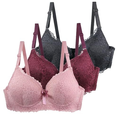 CSWH 3er-Pack BHS Damen mit Bügel Fraun Leicht & Atmungsaktiv Spitzen-BH Set mit verstellbarem Trägern Push Up Sexy BH Mädchen Weich Bequemer Y2K Unterwäsche Bra für Alltag