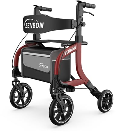 Rollator Faltbar Aluminium mit Sitz: Rollatoren für Senioren Rollator Leicht Klappbar - Reiserollator Höhenverstellbar mit Stockhalter und abnehmbare Einkaufstasche (Rot)