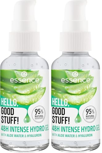 essence HELLO, GOOD STUFF! 48h INTENSE HYDRO GEL, Gesichtsserum, Transparent, feuchtigkeitsspendend, glättend, pflegend, natürlich, gelig, vegan, ölfrei, ohne Alkohol, ohne Parabene, 2er Pack (30ml)