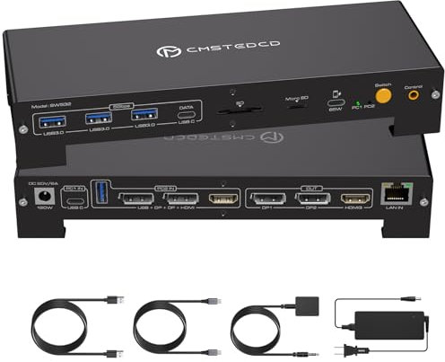KVM Switch 3 Monitors 2 Computers 4K@120Hz Displayport and 4K@60Hz HDMI USB C KVM Switch Docking Station Shared Dual or Triple Monitors for Thunderbolt 3 Laptop and Desktop Support 100W PD Charging