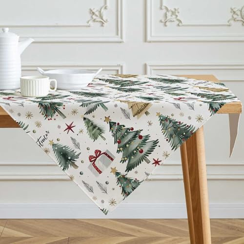 Kiatuniya Tischdecke Weihnachten Mitteldecke Beige Grün Winter Tischwäsche Bäume Weihnachtsdeko Christmas Table Cloth Leinenoptik Klein Weihnachtstischdecke für Urlaub Party Dekor 85x85 cm