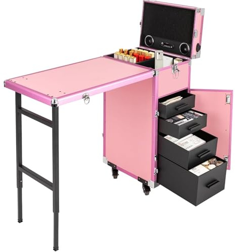 Foldable Nail Artist Trolley - Rolling Makeup Case with 4 Drawers, Mirror & Bluetooth Speaker(Pink)