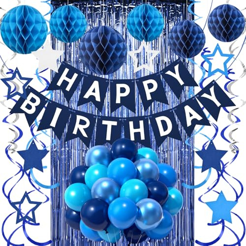 Geburtstags Dekoration Set, Marineblau Wiederverwendbare Geburtstagsdeko für Männer Frauen Jungen Mädchen - Happy Birthday Girlande Wabenball Luftballons Stern Hängende Streamer Vorhang Glitzer