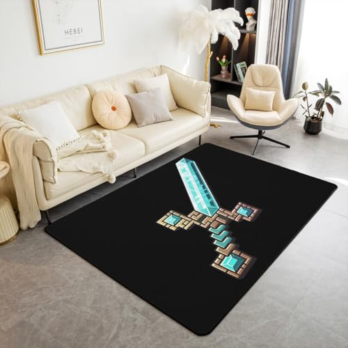 Manfei Blaues Pixel Schwert Bereich Teppiche,Miners Themenspiele Rutschfester Teppich Schwarz Modern Indoor Fußbodenmatte Home Wohnzimmer Dekor,100 x 150 cm