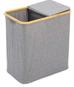 Wäschesortierer 90L – 2-Fächer Wäschebox mit Deckel 53,5 x 33 x 56 cm faltbarer Wäschekorb aus Bambus & Polyester Wäschesammler für Bad & Schlafzimmer