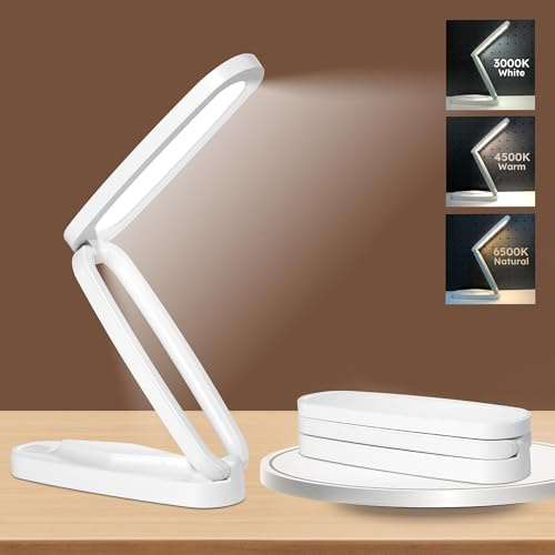 Overcomo Small LED Rechargeable Portable Foldable Cordless Desk Table Lamp | White Usb Battery Operated Wireless Reading Desk Lamp for Study,Travel,Nail Light,3 Color Temperature and Brightness Dimmable