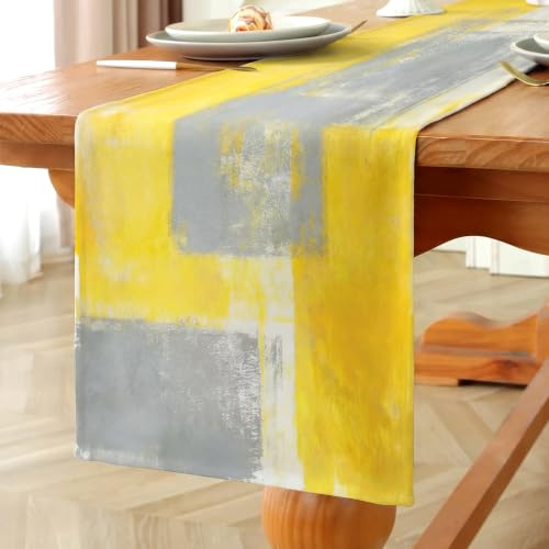 Vorysum Camino de mesa de estilo rústico abstracto de pintura al óleo – Mantel de lino para cocina, mesa de comedor, aparador, amarillo, 33 x 183 cm, resistente a salpicaduras y decorativo