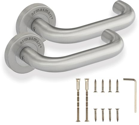 UAP Armasmart® Return to Door Lever on Rose Handle – Antibacterial & Anti-Viral Coating, Disabled Toilet Door Lock, Safety Handle for Accessibility – Brushed Stainless Steel