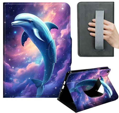 HGGJFLYX Case for Kindle Fire HD 8 (6th/7th/8th Gen, 2016/2017/2018),360 Degree Rotating Multi-Angle Viewing Stand,Hand Strap,PU Leather Tablet Cover,Auto Sleep/Wake,Cosmic Dolphin Leap