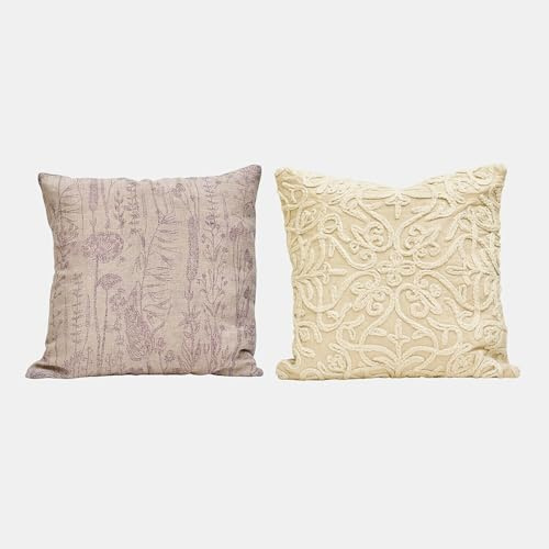 Loberon Kissenhülle 2er Set Floraine - Bestickt und Bedruckt - Sanfte Farbgebung - Handgewebt - Kissenbezüge - Leinen - Baumwolle, beige