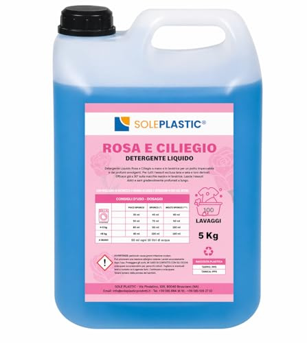 Detersivo Lavatrice PROFUMATO (ROSA&CILIEGIO) per Bucato 5 Litri - 100 LAVAGGI - Detersivo Lavatrice liquido per Asciugamani, Indumenti da Lavoro o Quotidiano - Sicuro su Tessuti Colorati e Bianchi