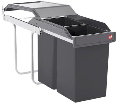 Hailo Abfallsammler Tandem 3650101 Einbau-Mülltrenner mit 2 Fächern - Küchen-Mülleimer für den Einbau im Unterschrank - 2x 15 L - Abfalleimer mit Teilauszug für Unterschränke ab 30 cm - Dunkelgrau
