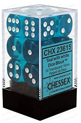 Chessex Translucent 16mm d6 with pips Dice Blocks (12 Dice) - Teal w/White