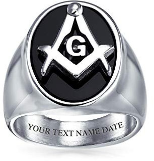 Bling Jewelry Bague Maçonnique pour Hommes en Acier Inoxydable Argenté avec Compas Carré de Société Secrète Ovale Noir