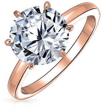 Une Bague De Fiançailles Solitaire Classique Et Intemporelle En Zircon Cubique 3Ct Cz Une Monture À 6 Griffes Taille Ronde Brillant S Bande Fine De 2Mm En Argent Sterling Plaqué Or Rose