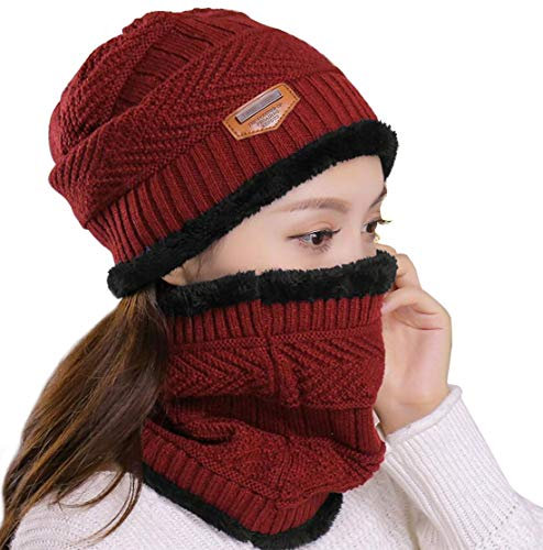 Muryobao Damen Winter mützen und schal Set strickmütze warm-schädel-Kappe One Size Rot-hat & Scarf