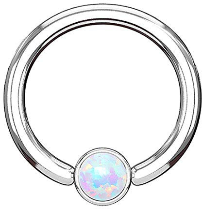 Piercingfaktor BCR Piercing Klemmring Ring Flach mit Opal Klemm Kugel Septum Nasen Lippen Helix Ohr Tragus Silber Weiß 1,2mm x 8mm x 3mm
