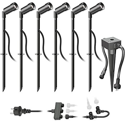 ledscom.de LED Gartenstrahler Spico schwarz mit Erdspieß und Dämmerungssensor für außen IP44 je 105lm warm-weiß 6er Set