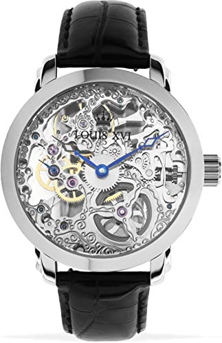 LOUIS XVI Herren-Armbanduhr Versailles Silber Handaufzug Mechanisch Skeleton Analog PU-Leder Schwarz 334