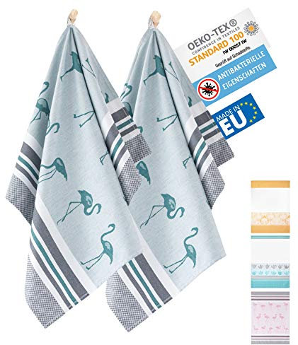 ZWOLTEX Antimikrobiale Jacquard Geschirrtücher aus Ägyptischer Baumwolle und Bambus I Made IN EU I Oeko-TEX 100 I Gewebte Küchentücher - 2X Geschirrhandtücher mit Motiv Flamingo Grün