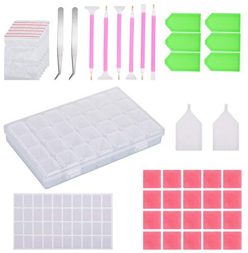 Opopark 124 Piezas de DIY Herramientas de Dibujo de Diamante,Diamond Painting Completo Kit,Incluye Pinzas, Arcilla, Bandeja de Plástico, Bolígrafo, Etiquetas, Bolsas y Recipiente