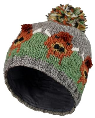 Pachamama Damen Woll-Bommelmütze, handgestrickt, Hochlandkuh, mehrfarbig, Einheitsgröße, handgefertigt, extra warm, Fair Trade, mehrfarbig, Einheitsgröße