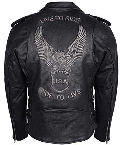 Men's Eagle Embossed Live To Ride - Ride To Live Classic Black Leather Motorcycle Biker Jacket (Large, Black)