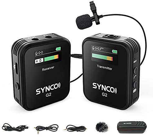 SYNCO G2 A1 2.4GHz Microfoni Senza Fili Professionale con Schermo TFT, Microfono Lavalier Wireless Compatibile per Smartphone iPhone/Android Laptop Computer Gopro Fotocamera Reflex e Videocamera