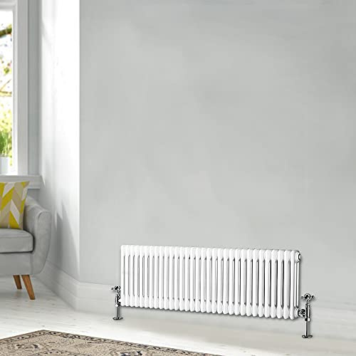 Blümme 300 x 1460mm Horizontal Cast Iron Radiator White Triple Column | Wall Mounted Central Heating, Traditional Radiator, 1.5mm Steel, Brackets Included, For Hallway, Bathroom, Living Room