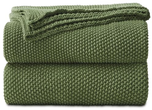 Longhui bedding Olive Green Cotton Cable Knit Throw Blanket for Couch Sofa Bed, Home Decorative Lightweight Knitted Blankets with Bonus Laundering Bag, 60“ x 80”, Machine Washable