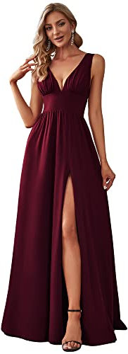 Ever-Pretty Vestido de Gala Largo para Mujer sin Mangas Corte Imperio Elástico Abertura Escote V Profundo Elegantes Burdeos 40